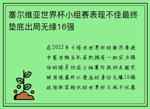 塞尔维亚世界杯小组赛表现不佳最终垫底出局无缘16强 塞尔维亚世界杯小组赛表现不佳最终垫底出局无缘16强